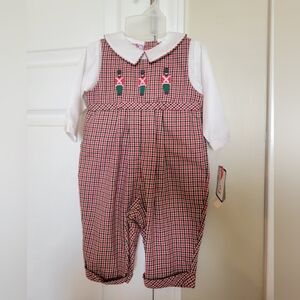 NWT Vintage Petit Ami Boys Christmas Overalls Smocked 3 Mo